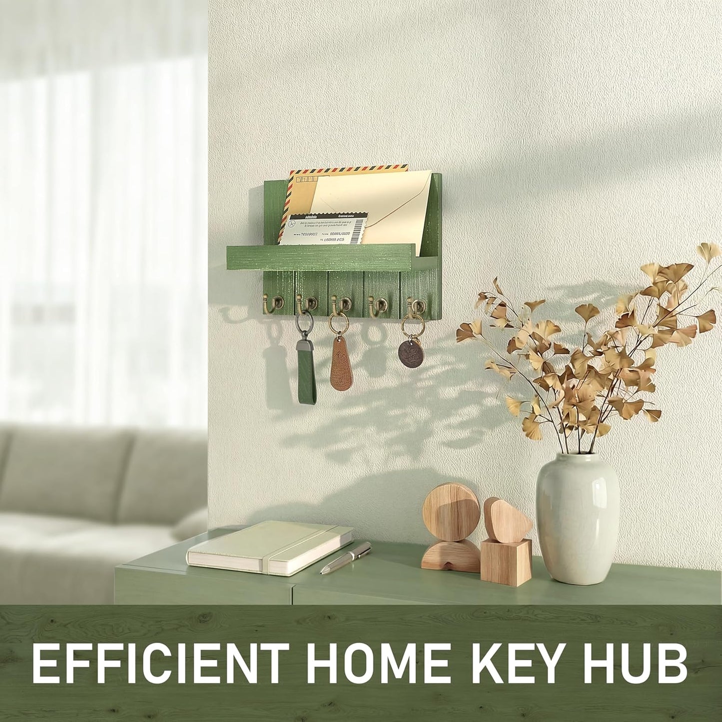 Pine Wood Key Holder Wall Mount with Floating Shelf – Farmhouse Key Holder for Wall with Hooks – Hat Organizer for Room Decor and Entryway Organization (Green,3.54" X 10" X 7.28")