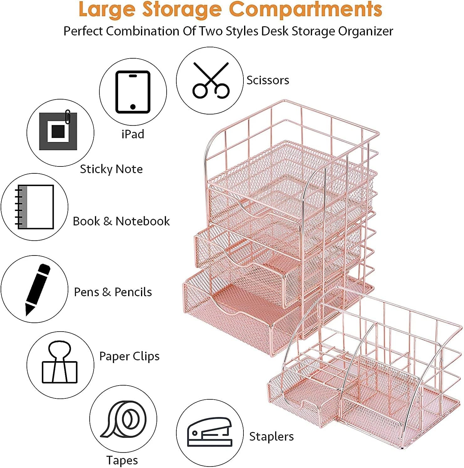 Rose Gold Desk Organizer Set with Drawer - Metal Mesh Stationery and Office Supplies Storage for Home and Office Decor