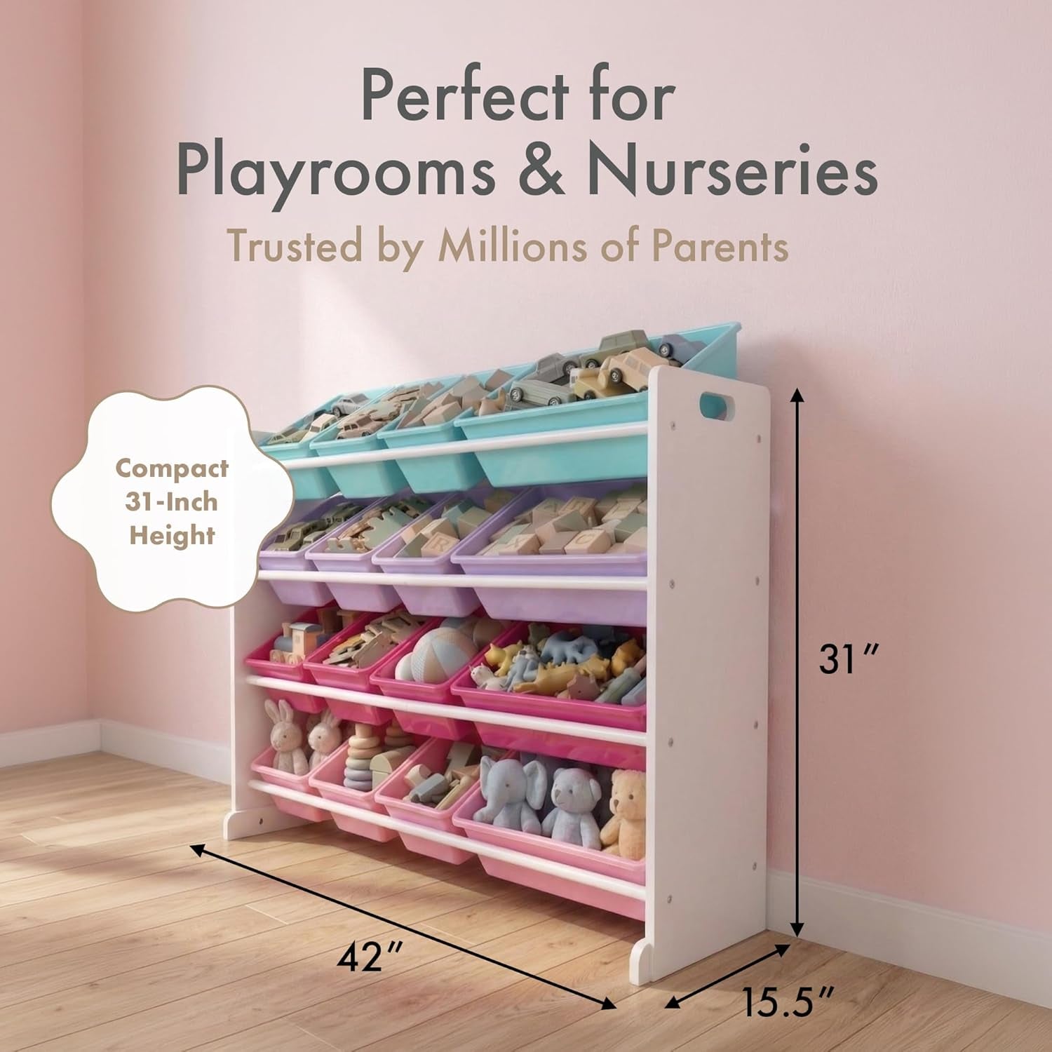 Toy Storage Organizer with 16 Removable Storage Bins for Kids Playroom, 4-Tier Toddler Toy Organization, White/Blue/Pink/Purple