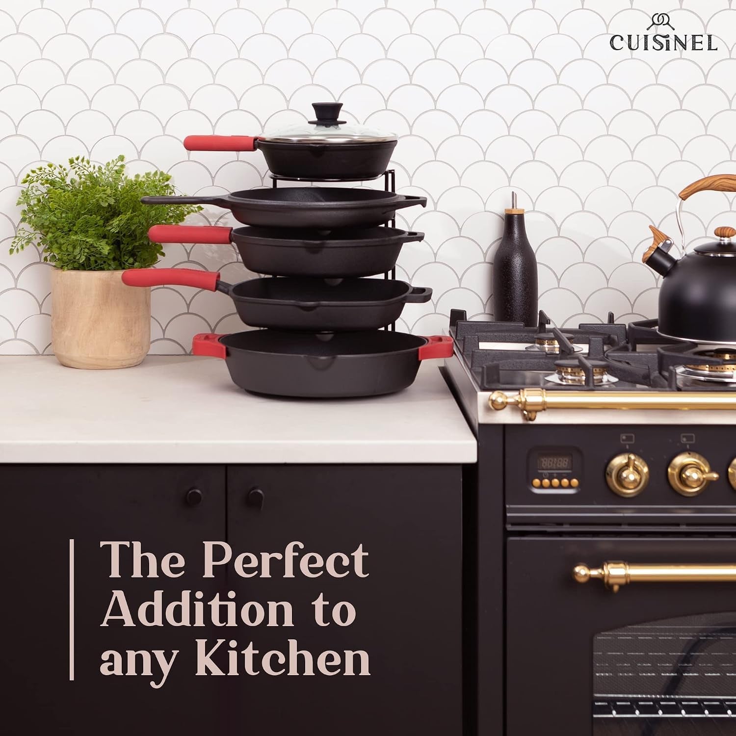 Pan Organizer for Cast Iron Skillets, Griddles, 5-Tier Rack, Black 12.2"
