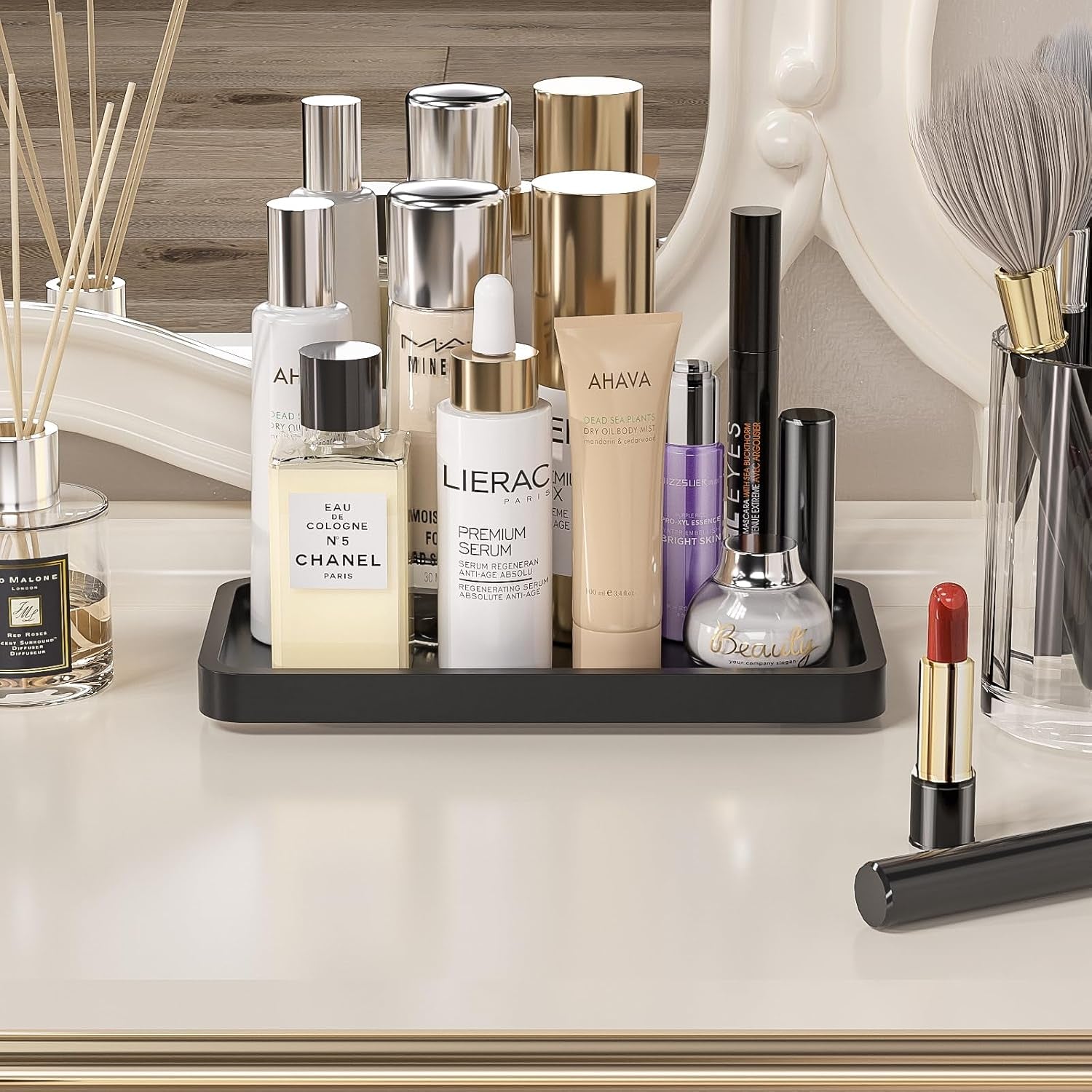Small Bathroom Vanity Tray for Countertop Makeup Perfume Jewelry Decor Candle Keys, Small Black Kitchen Tray for Soap Dispenser Spice Bamboo Toilet Tray 7.9" L X 4" W X 0.79" H
