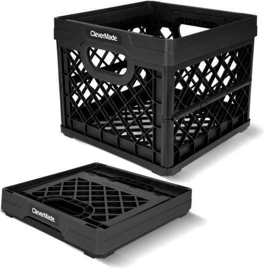 Collapsible Milk Crate, 25L Storage Crate, Holds 50 Lb, Obsidian | Organize Files, Groceries, and Gear in One Crate | Built-In Rails Hold Letter Folders, While the Frame Stacks Securely