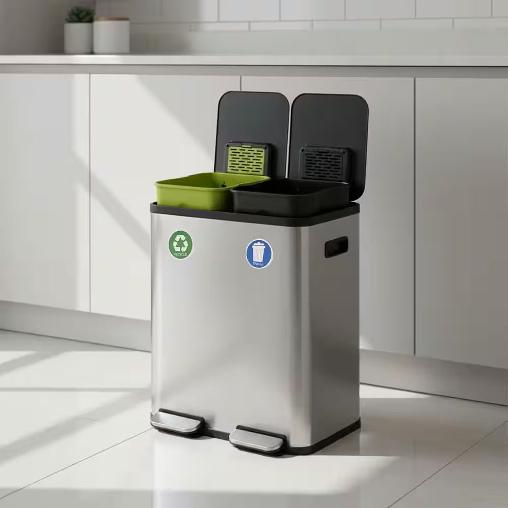 16 Gal. Dual Compartment Step-On Kitchen Trash Can and Indoor Recycling Bin with Soft-Close Lids, Stainless Steel