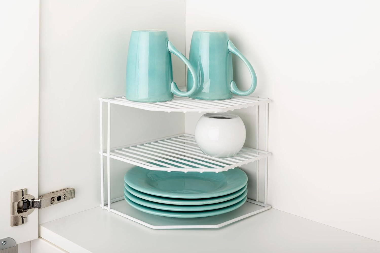 3-Tier Corner Kitchen Shelf Rack - Rust-Resistant Steel Wire Organizer for Plates and Dishes - Ideal for Cabinets and Pantries (9 x 8 Inches) [White]