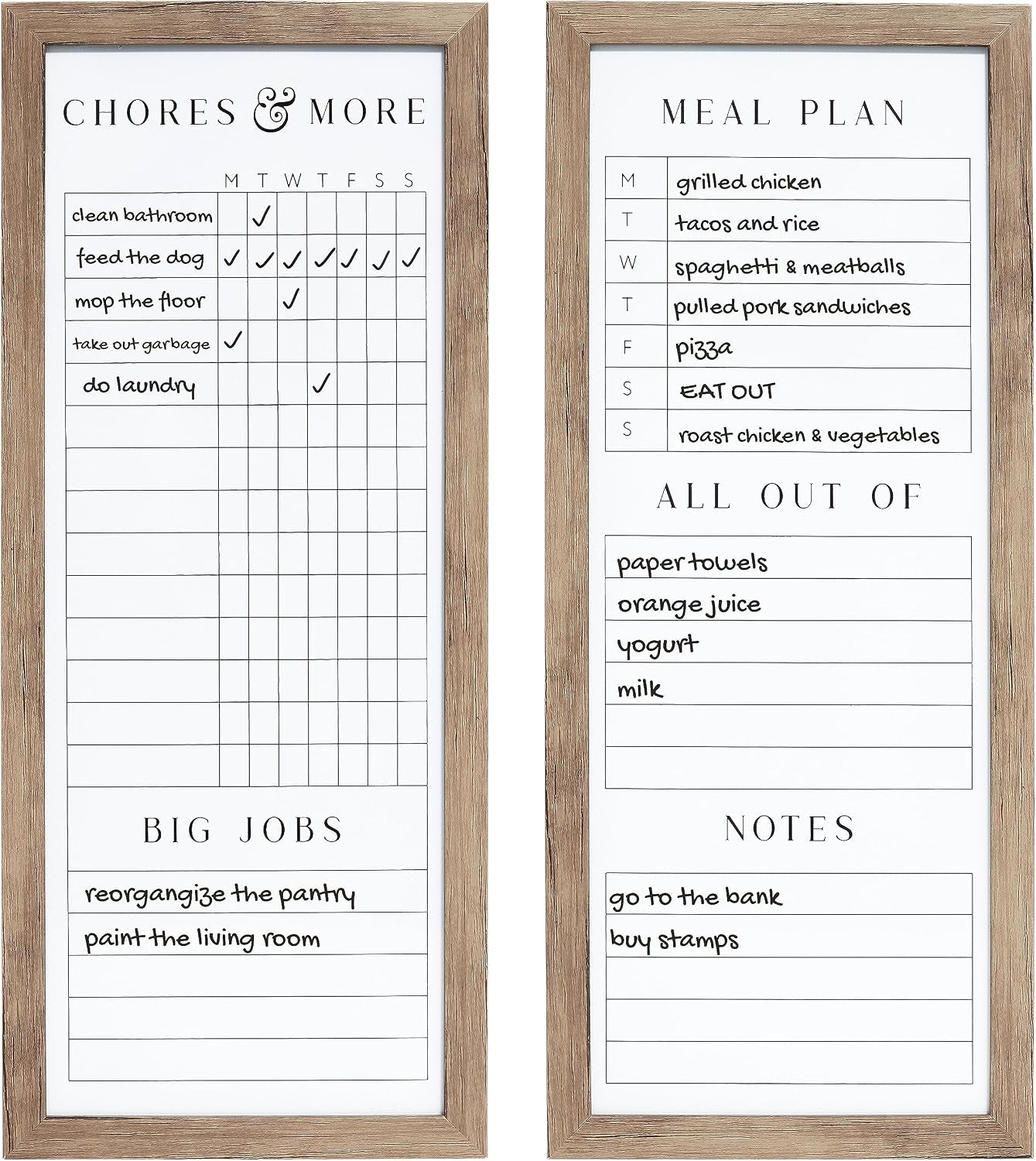 Set of Two Family Planner Dry Erase Boards Featuring, Chore Chart, Shopping List, Weekly Meal Planner and Notes, 9X21 Inch, Natural