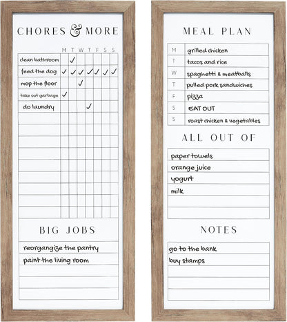 Set of Two Family Planner Dry Erase Boards Featuring, Chore Chart, Shopping List, Weekly Meal Planner and Notes, 9X21 Inch, Natural