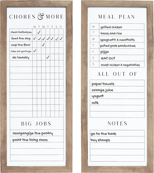 Set of Two Family Planner Dry Erase Boards Featuring, Chore Chart, Shopping List, Weekly Meal Planner and Notes, 9X21 Inch, Natural
