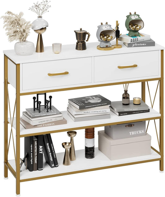 White and Gold Console Table with Storage, Industrial Entryway Table | Narrow Wide Wood Entry Way Table W/ 2-Tier Open Shelves and Drawers, Farmhouse Sofa Foyer Table for Hallway, Living Room