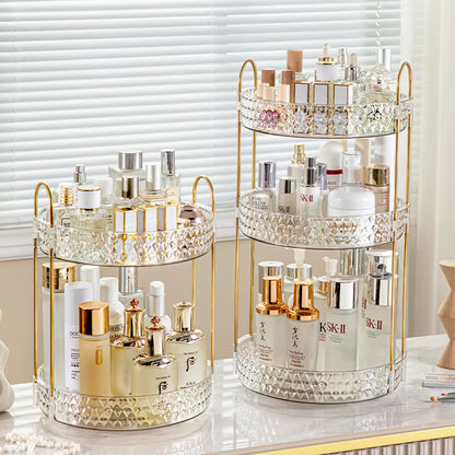 360° Rotating 3-Tier Transparent Cosmetic Organizer with Diamond Pattern for Bathroom Vanity and Countertop