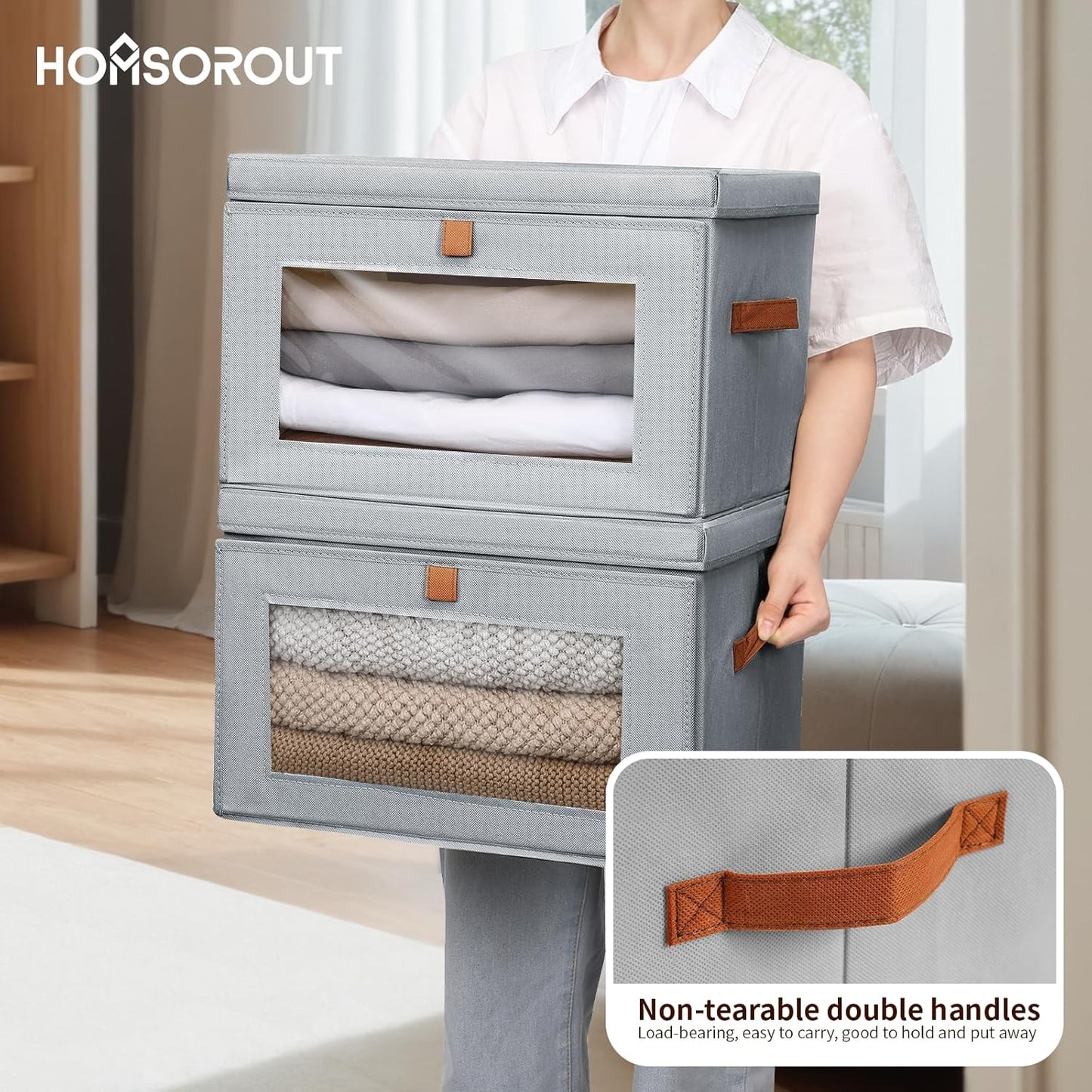 Large Closet Storage Bins - Collapsible Storage Bins with Handles & Window, Fabric Cube Organizer with Lids, Decorative Boxes for Living Room, Closet, Dorm, 6 Pack, Grey