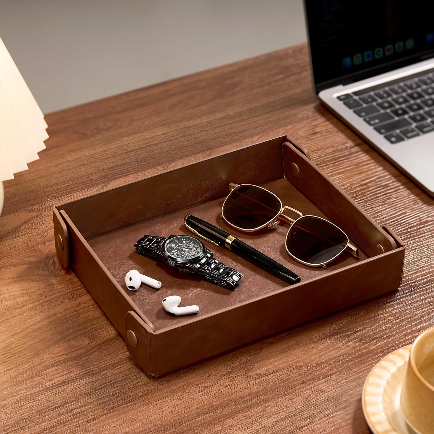 Catch All Valet Tray - EDC Organizer for Key, Wallet, Watch, Jewelry, Phone, Coin Change | Faux Leather Storage Tray for Dresser, Nightstand, Desk, Entryway, Travel Storage | Brown