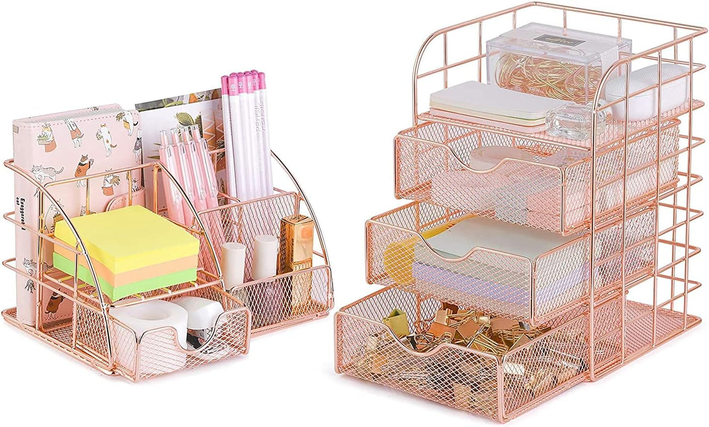 Rose Gold Desk Organizer Set with Drawer - Metal Mesh Stationery and Office Supplies Storage for Home and Office Decor