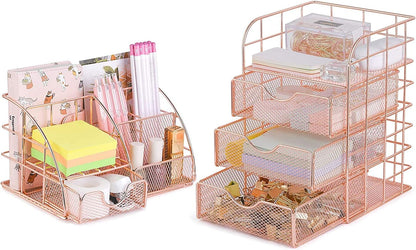 Rose Gold Desk Organizer Set with Drawer - Metal Mesh Stationery and Office Supplies Storage for Home and Office Decor