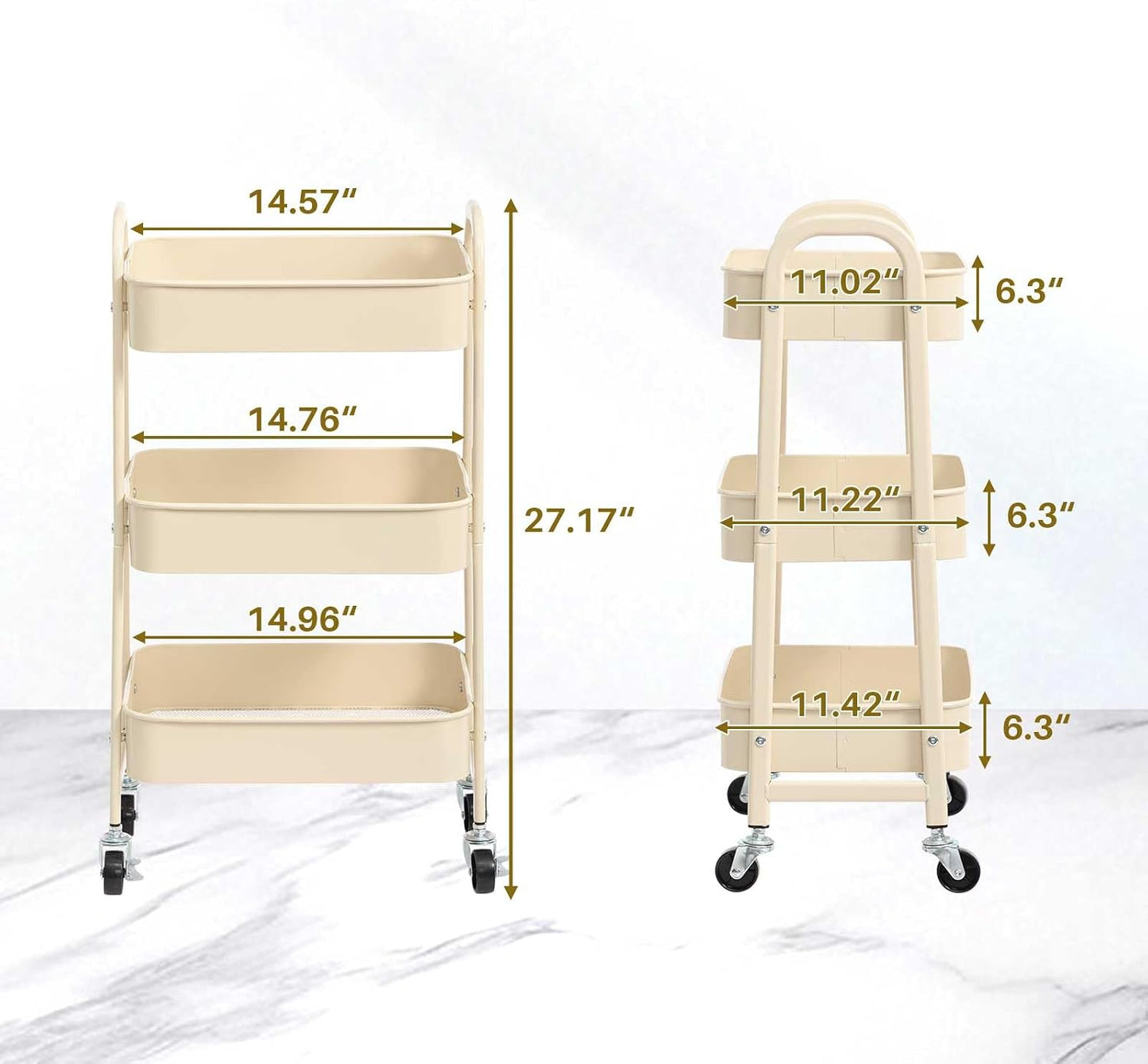 3 Tier Utility Rolling Cart with Lockable Wheels, Metal Multifunctional Storage, Organizer Cart for Kitchen, Office, Living Room, Makeup, Craft, Art Studio, Beige