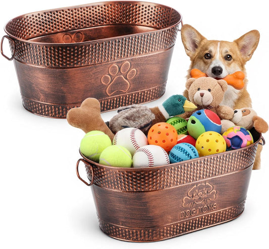 2 Pack Metal Dog Toy Basket Large Copper Oval Puppy Toy Box with Handles Durable Galvanized Dog Bin for Pet Blankets Leashes Storage Living Room Area (21 Quart)