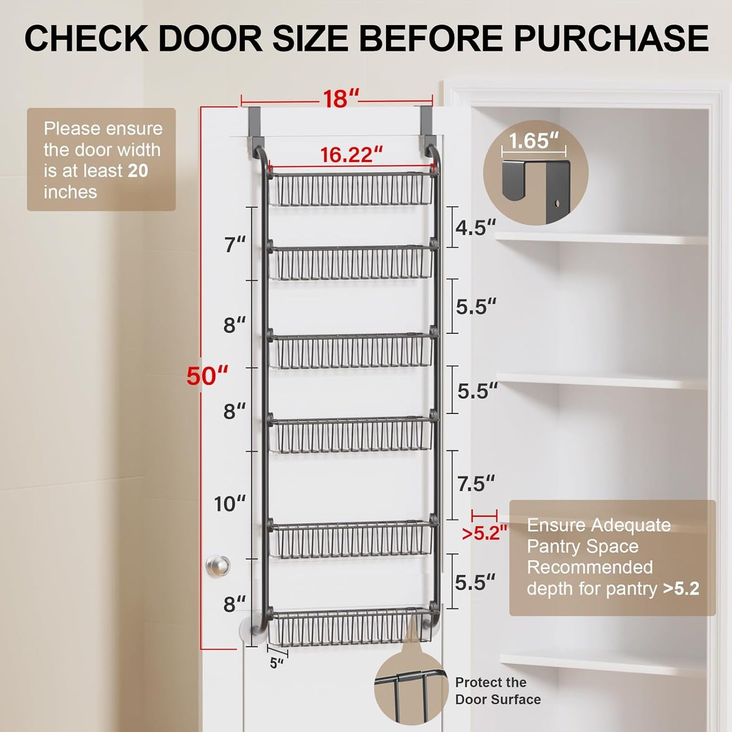 over the Door Pantry Organizer, 6-Tier Metal Pantry Door Organization and Storage, Hanging Kitchen Basket Spice Rack Seasoning Shelves, Cabinet Door Organizer for Easy Install,D5Xw18Xh50Inch
