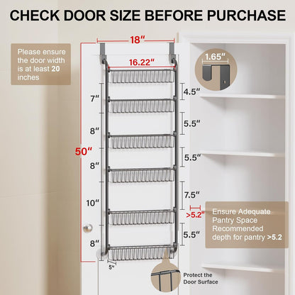 over the Door Pantry Organizer, 6-Tier Metal Pantry Door Organization and Storage, Hanging Kitchen Basket Spice Rack Seasoning Shelves, Cabinet Door Organizer for Easy Install,D5Xw18Xh50Inch