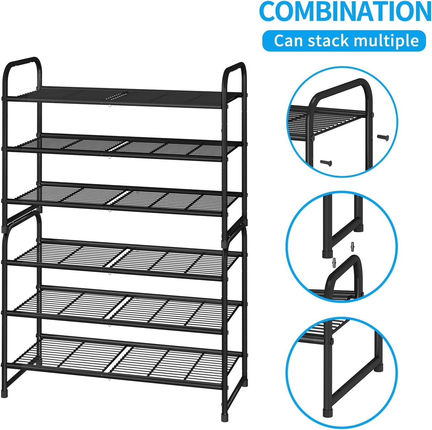 3-Tier Stackable Shoe Rack, Expandable & Adjustable Shoe Shelf Storage Organizer, Wire Grid, Black