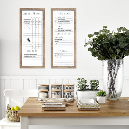 Set of Two Family Planner Dry Erase Boards Featuring, Chore Chart, Shopping List, Weekly Meal Planner and Notes, 9X21 Inch, Natural