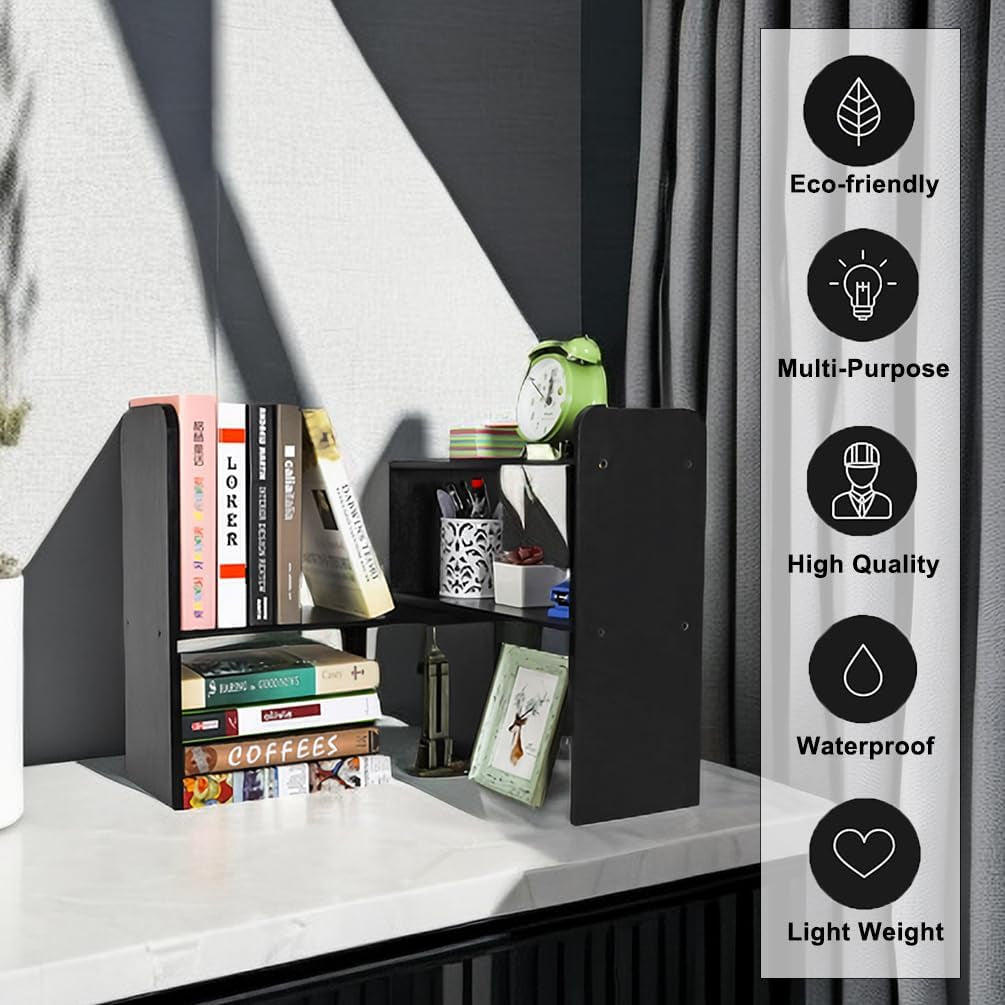Desk Organizer Desktop Shelf Adjustable Countertop Bookshelf Small Table Shelves Book Organizer Office Organization for Desk, Black