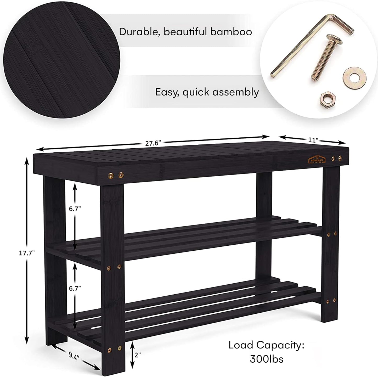 Bamboo 3 Tier Shoe Rack Bench, Premium Shoe Organizer or Entryway Bench, Perfect for Shoe Cubby, Entry Bench, Bathroom Bench, Entryway Organizer, Hallway or Living Room(Black)