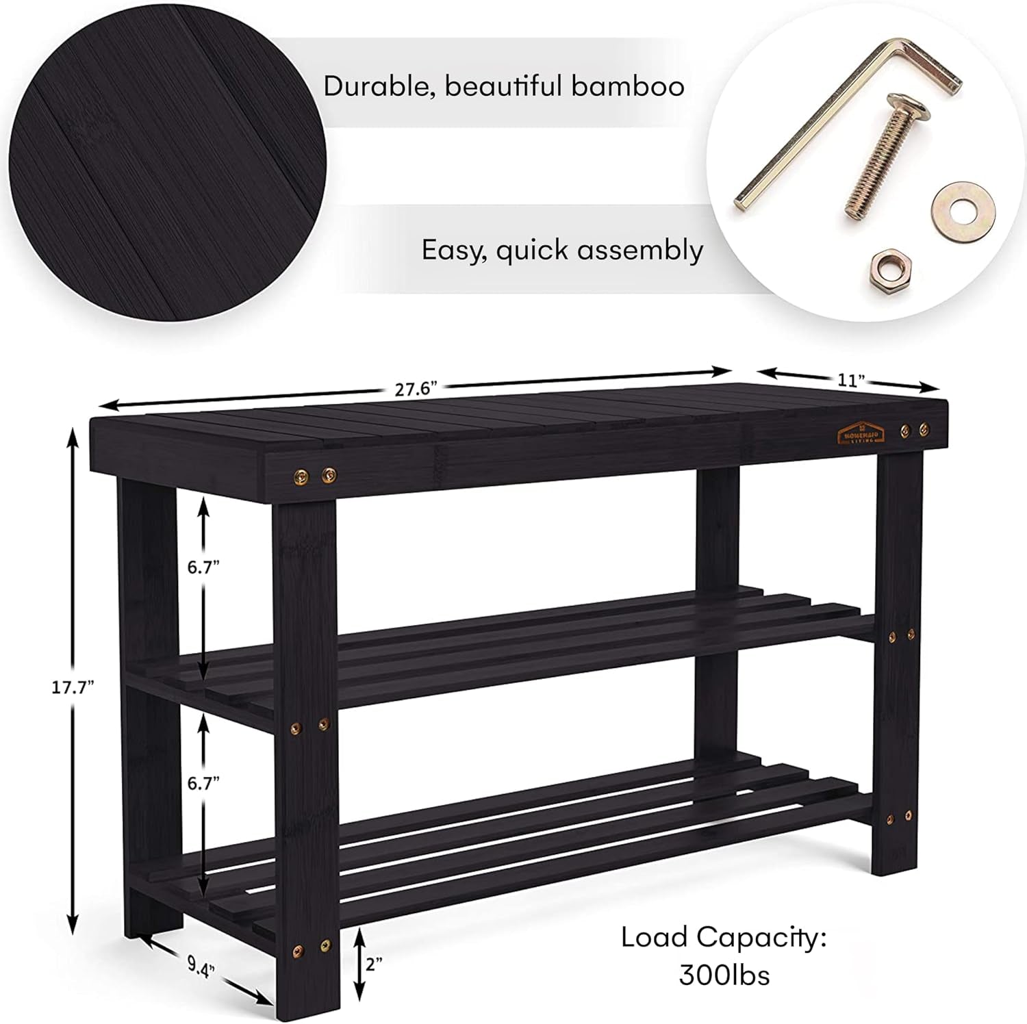 Bamboo 3 Tier Shoe Rack Bench, Premium Shoe Organizer or Entryway Bench, Perfect for Shoe Cubby, Entry Bench, Bathroom Bench, Entryway Organizer, Hallway or Living Room(Black)