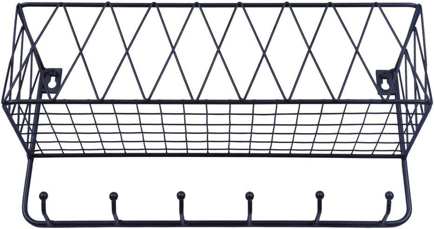 Entryway Mail Holder with Key Hooks, 14" L×4.7" W×6.5" H, Wall Mounted Matte Black Metal Wire Mesh Storage Basket with 6 Hooks, Easy to Organize Letters, Magazines, Keys, Leashes for Entryway