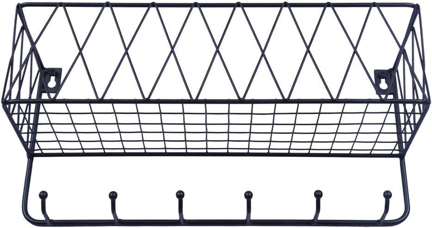 Entryway Mail Holder with Key Hooks, 14" L×4.7" W×6.5" H, Wall Mounted Matte Black Metal Wire Mesh Storage Basket with 6 Hooks, Easy to Organize Letters, Magazines, Keys, Leashes for Entryway