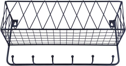 Entryway Mail Holder with Key Hooks, 14" L×4.7" W×6.5" H, Wall Mounted Matte Black Metal Wire Mesh Storage Basket with 6 Hooks, Easy to Organize Letters, Magazines, Keys, Leashes for Entryway