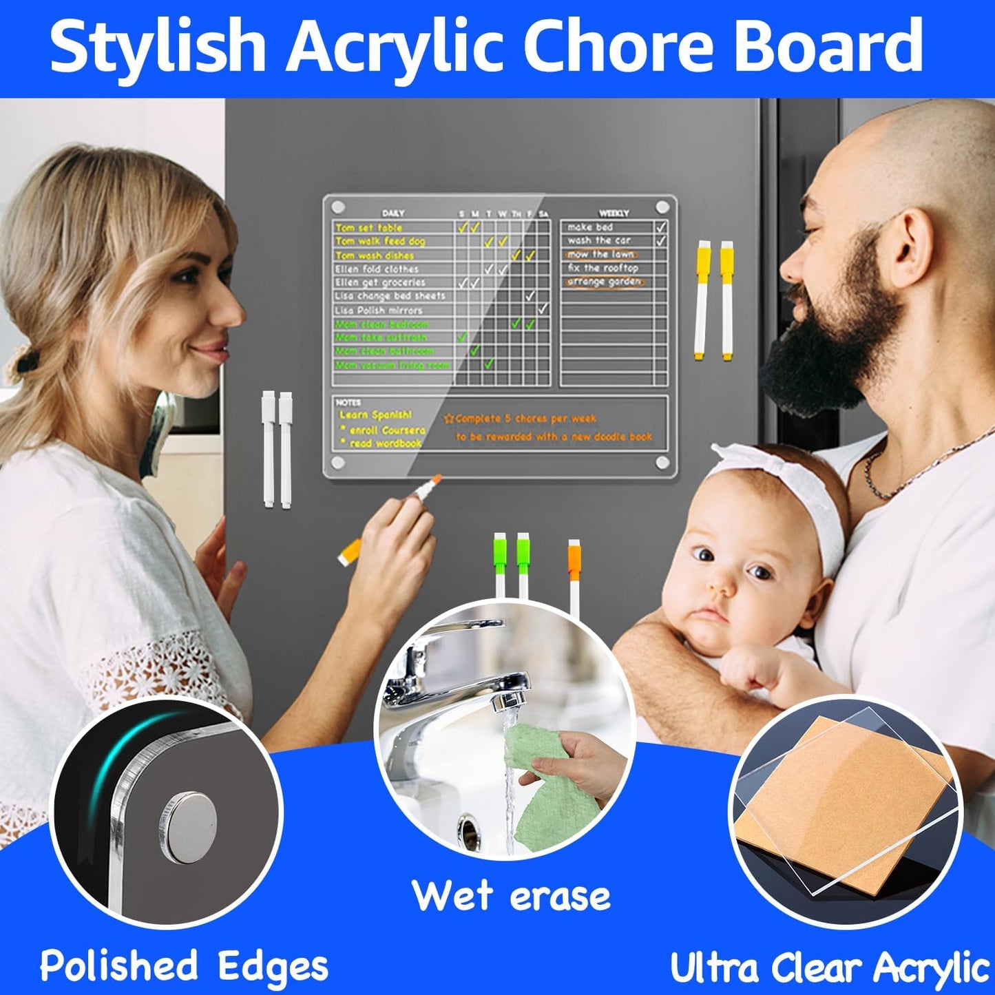 Acrylic Magnetic Chore Chart for Adults, 12X9.5 in Fridge Board | Clear Dry Erase Checklist with Daily, Weekly and Notes; Fits Curved Doors; Embedded Magnets; 8 Wet-Erase Markers and Towel