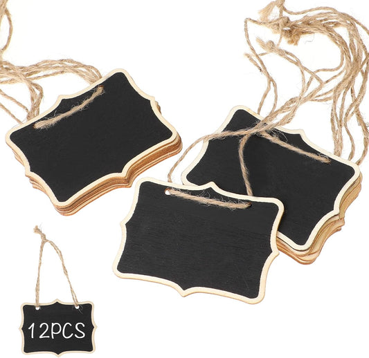 Mini Wooden Chalkboard Signs - 12 Pack Small Hanging Blackboard Labels for Party Buffet Food Name Tags