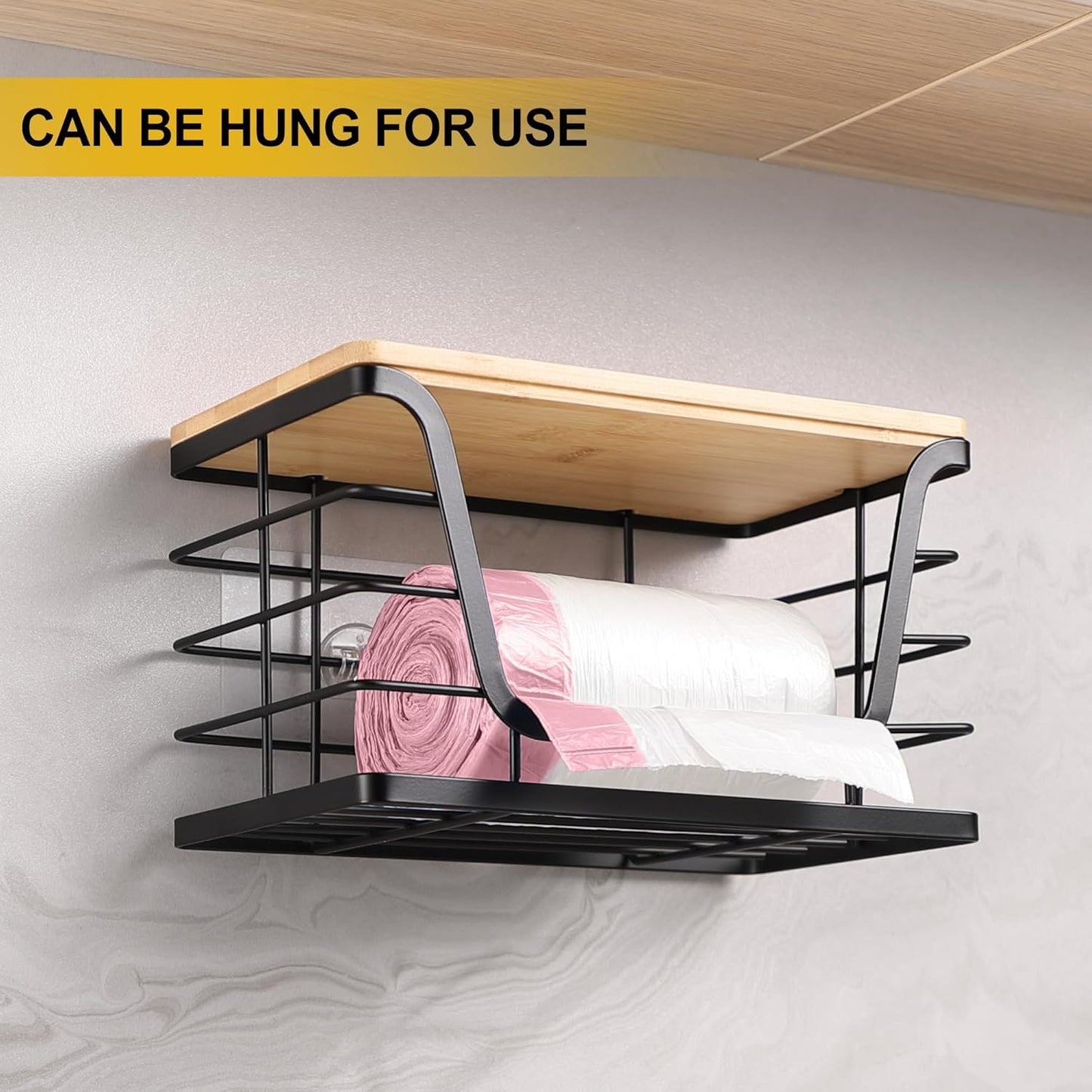 2 Pack Storage Stackable Kitchen Laundry Organizers with Bamboo Top, Large Trash Bag Holder and Small Garbage Bag Dispenser for Countertop Organization