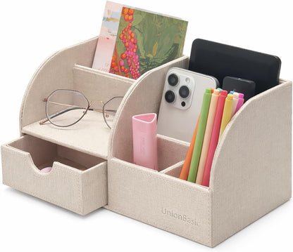 Multifunctional Leather Desk Organizer - Elegant Storage Solution for Pens, Business Cards, Mobile Phones, and Stationery, Beige