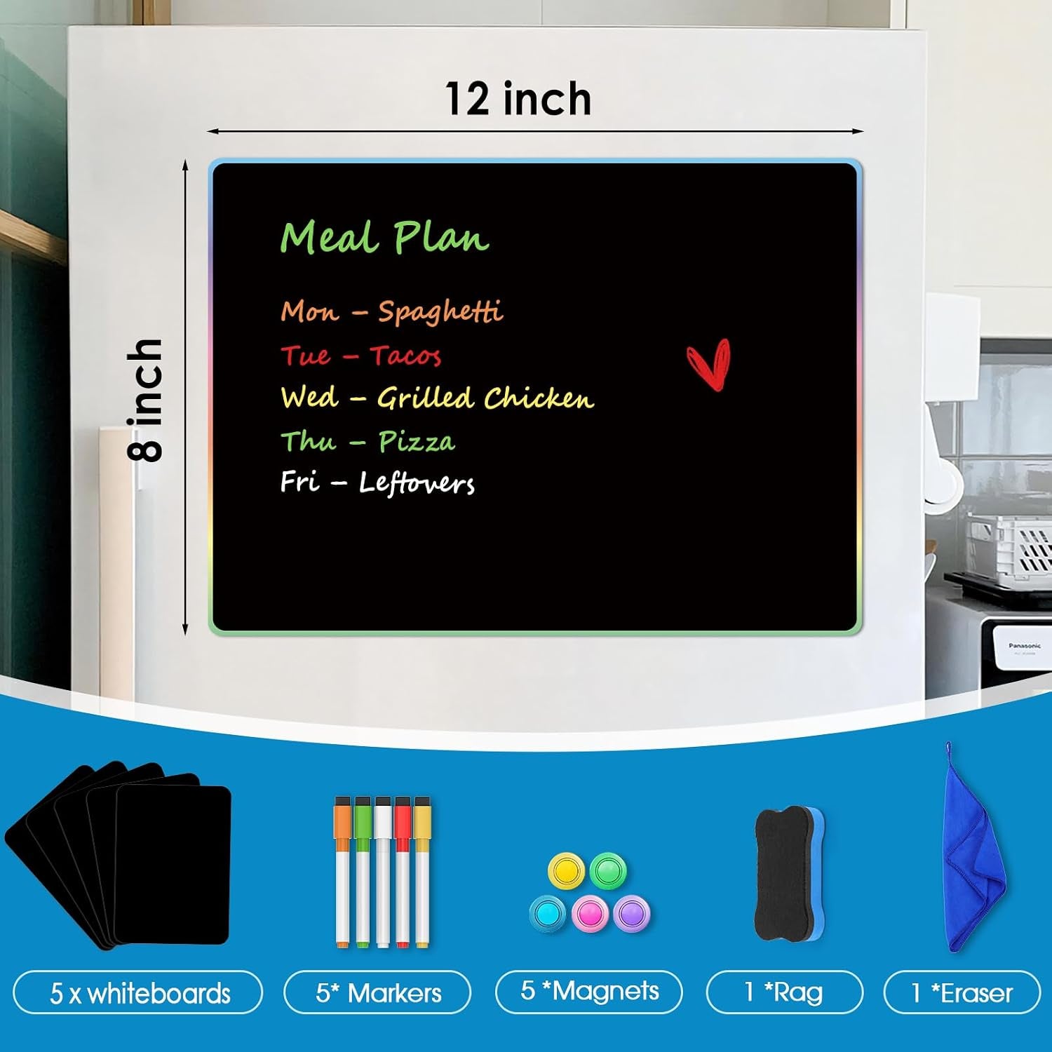 Magnetic Whiteboard for Fridge 12X8 Black 5 Pack | Strong Magnet, Dry Erase, Reusable, Easy Clean, Stain Resistant, Meal Planner, Grocery List, Family Notes, Kitchen Organizer