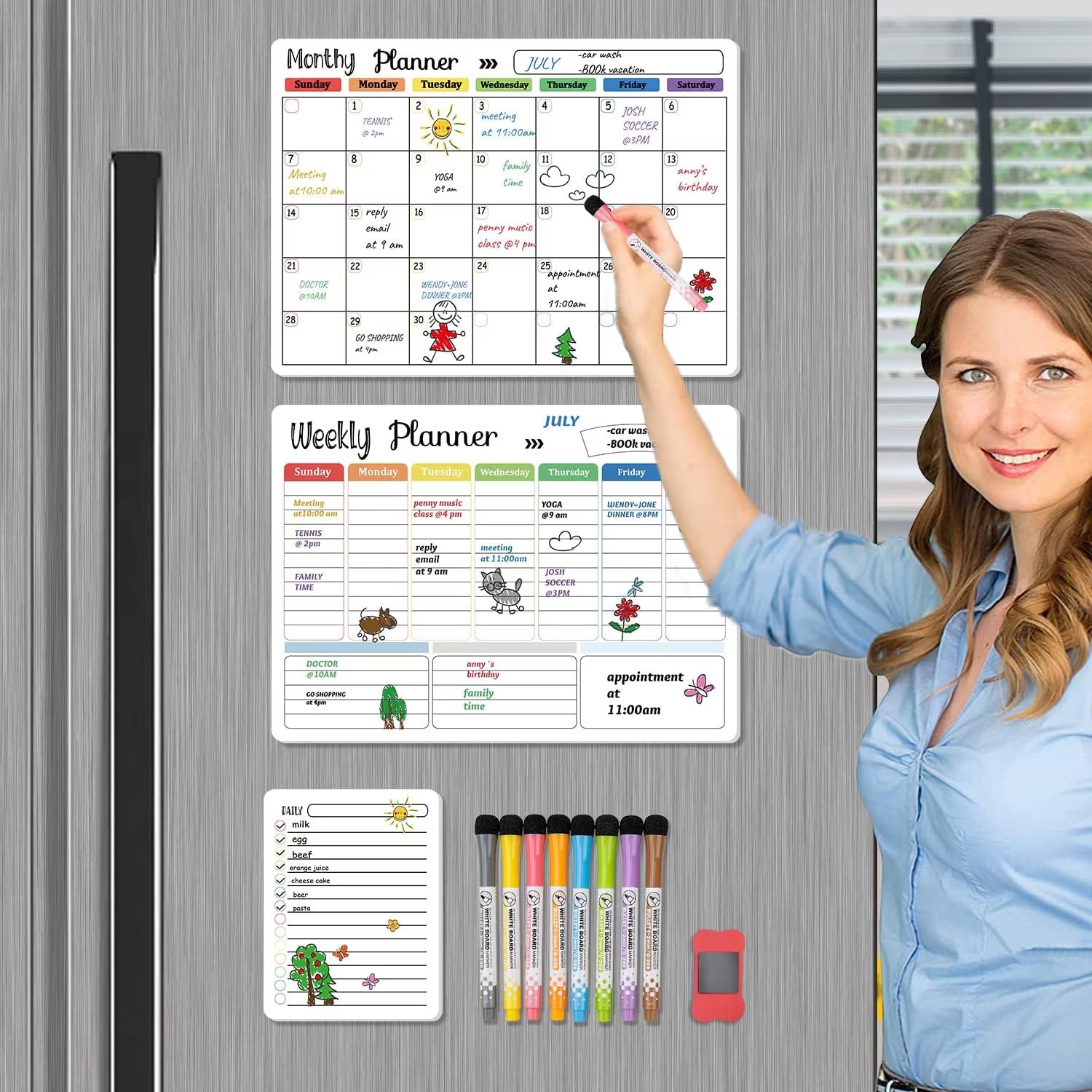 Dry Erase Whiteboard. Magnetic Dry Erase Calendar Board for Fridge Includes 8 Markers - Weekly Meal Planner Whiteboard, Grocery List and Notepad for Kitchen Refrigerator