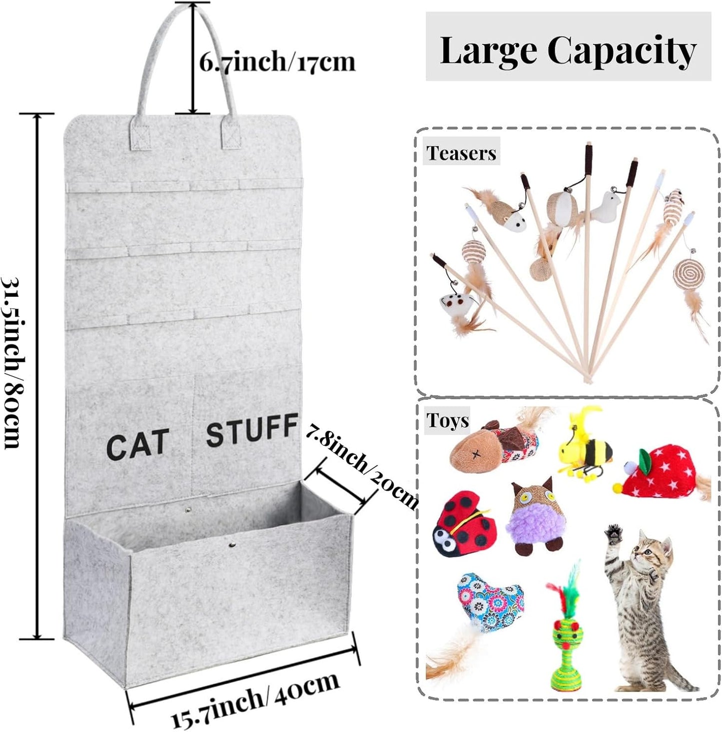 2 Pack Cat Wand Toy Storage Bag, Hanging Cat Teaser Holder for Neatly Organization, Durable Feather Pet Toy Organizer Bag with Handle for Indoor Pet Supplies, Feline Safety
