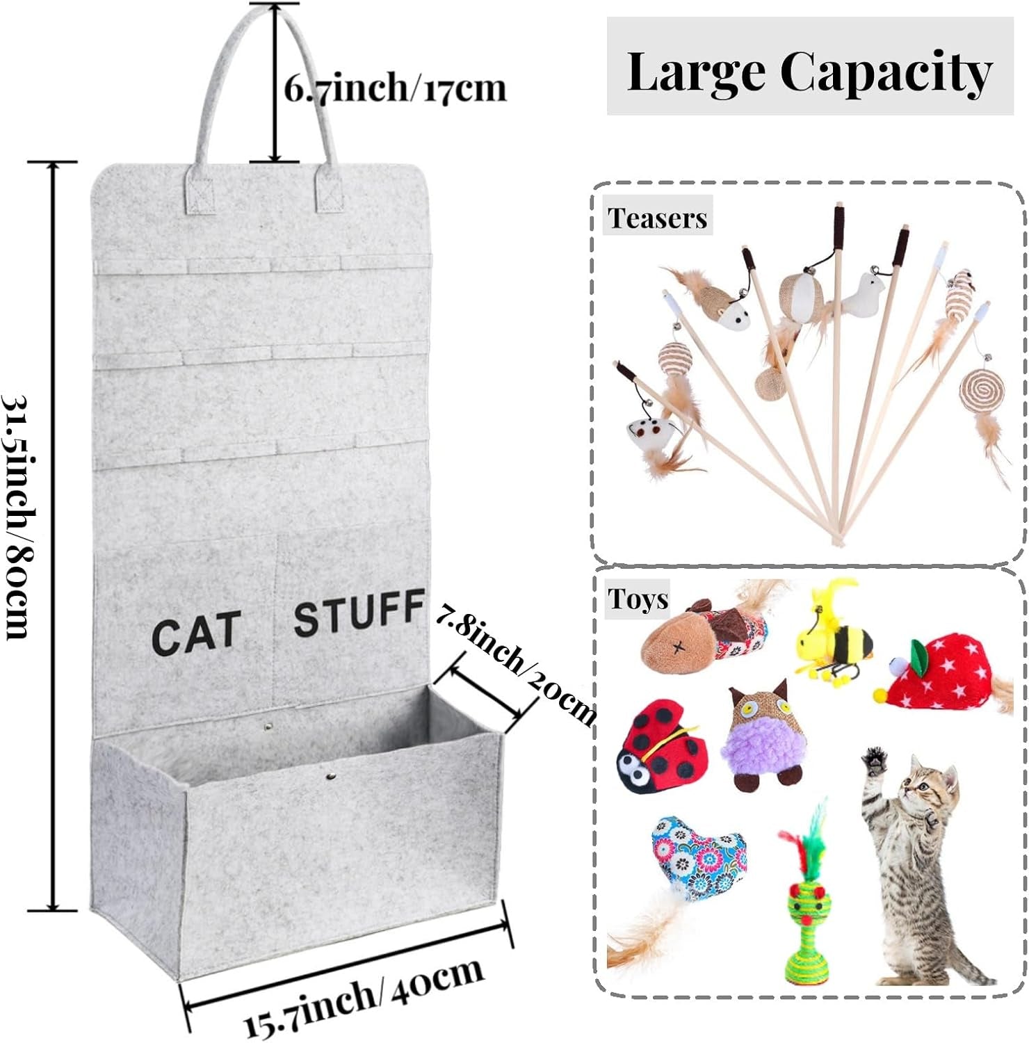 2 Pack Cat Wand Toy Storage Bag, Hanging Cat Teaser Holder for Neatly Organization, Durable Feather Pet Toy Organizer Bag with Handle for Indoor Pet Supplies, Feline Safety