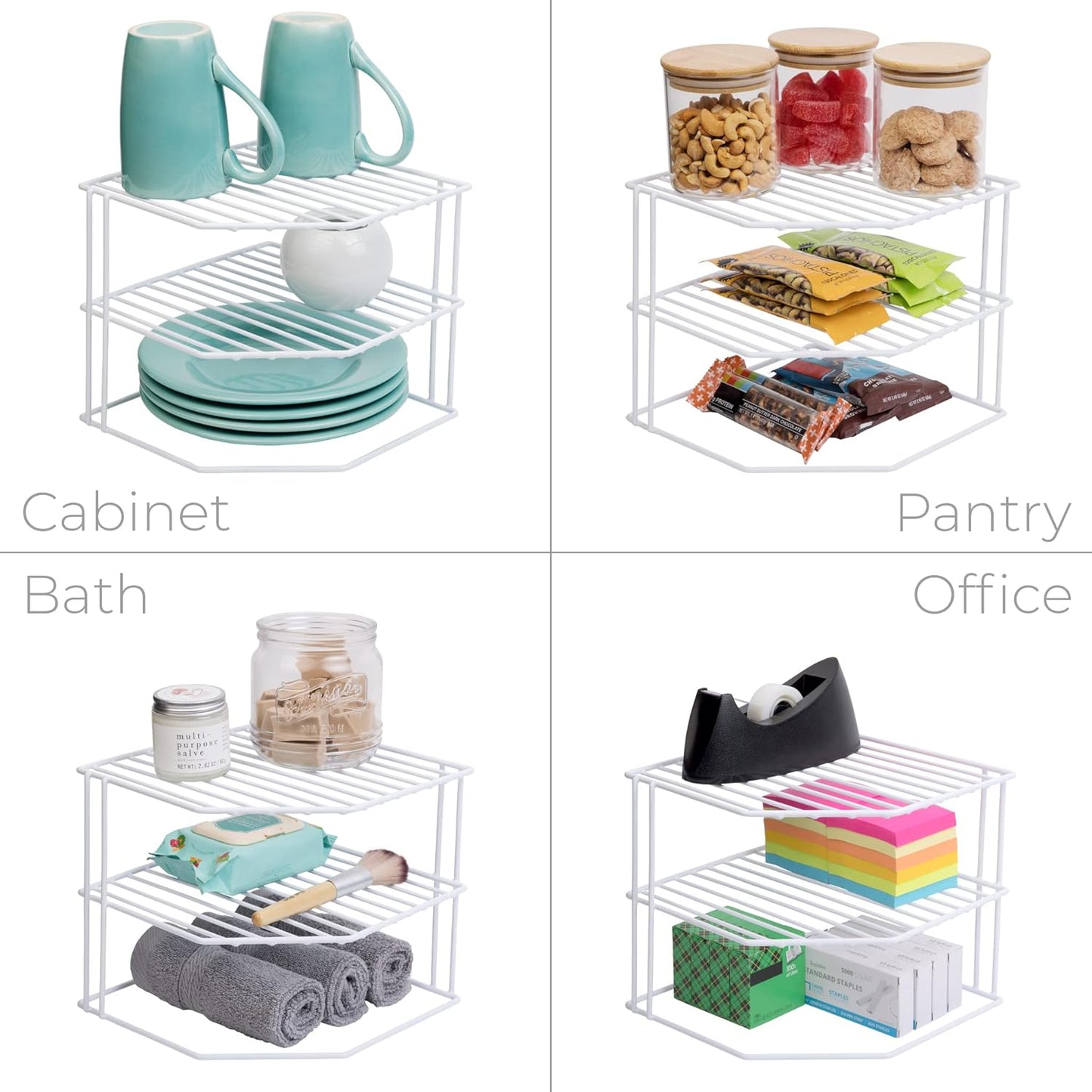 3-Tier Corner Kitchen Shelf Rack - Rust-Resistant Steel Wire Organizer for Plates and Dishes - Ideal for Cabinets and Pantries (9 x 8 Inches) [White]