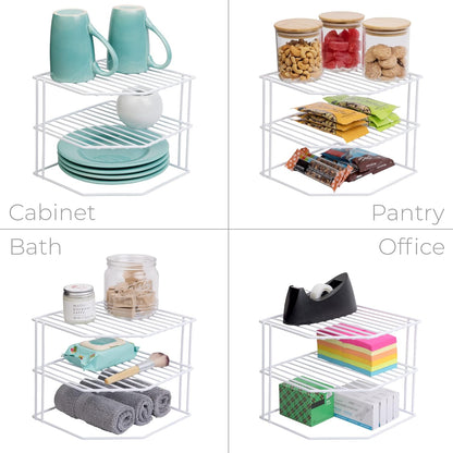 3-Tier Corner Kitchen Shelf Rack - Rust-Resistant Steel Wire Organizer for Plates and Dishes - Ideal for Cabinets and Pantries (9 x 8 Inches) [White]