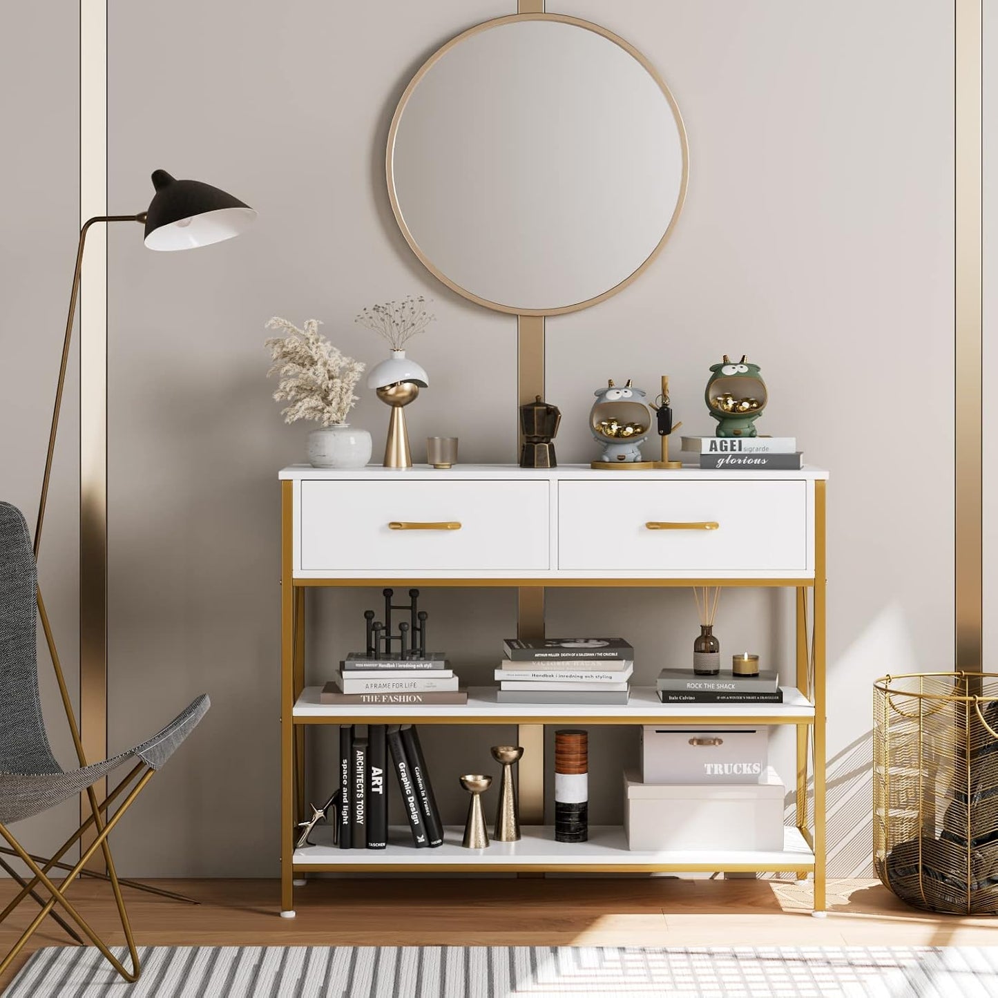 White and Gold Console Table with Storage, Industrial Entryway Table | Narrow Wide Wood Entry Way Table W/ 2-Tier Open Shelves and Drawers, Farmhouse Sofa Foyer Table for Hallway, Living Room