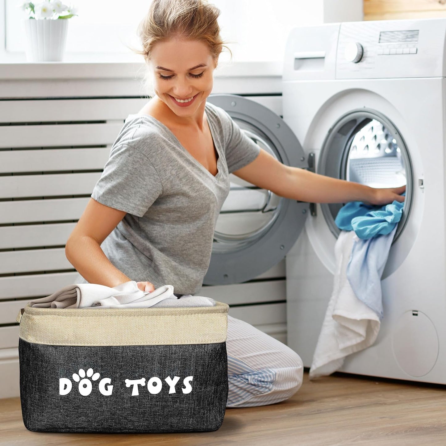 Dog Toy Basket, Large Collapsible, Black, M: 15"X11"X9" | Dog Toy Bin Box, Comfortable Handles, Large Pet Toy Storage Organizer, for Accessories, Toys, Coat & Clothing, Blanket Leash
