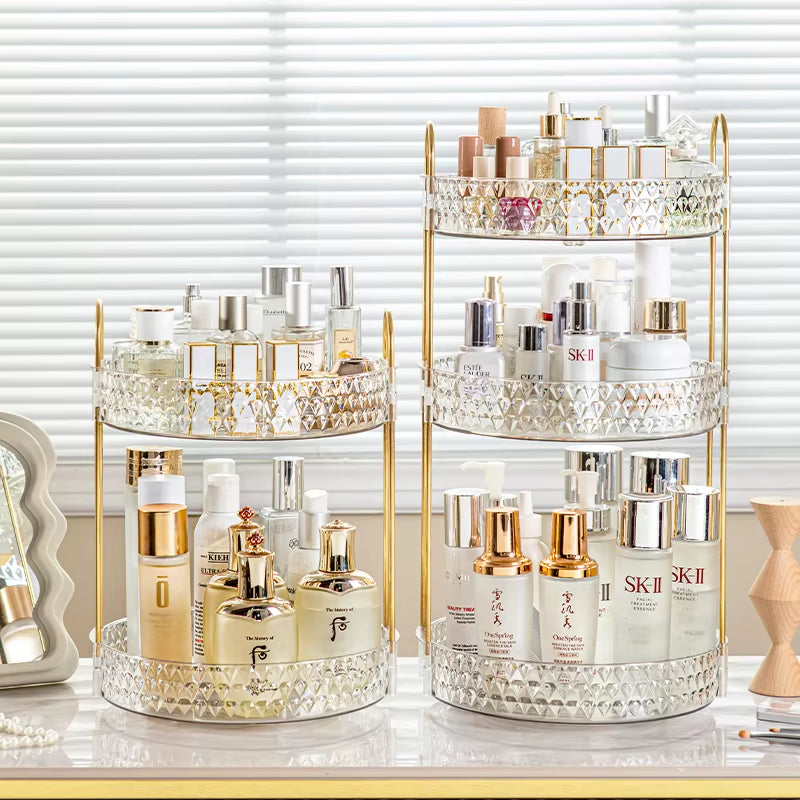 360° Rotating 3-Tier Transparent Cosmetic Organizer with Diamond Pattern for Bathroom Vanity and Countertop