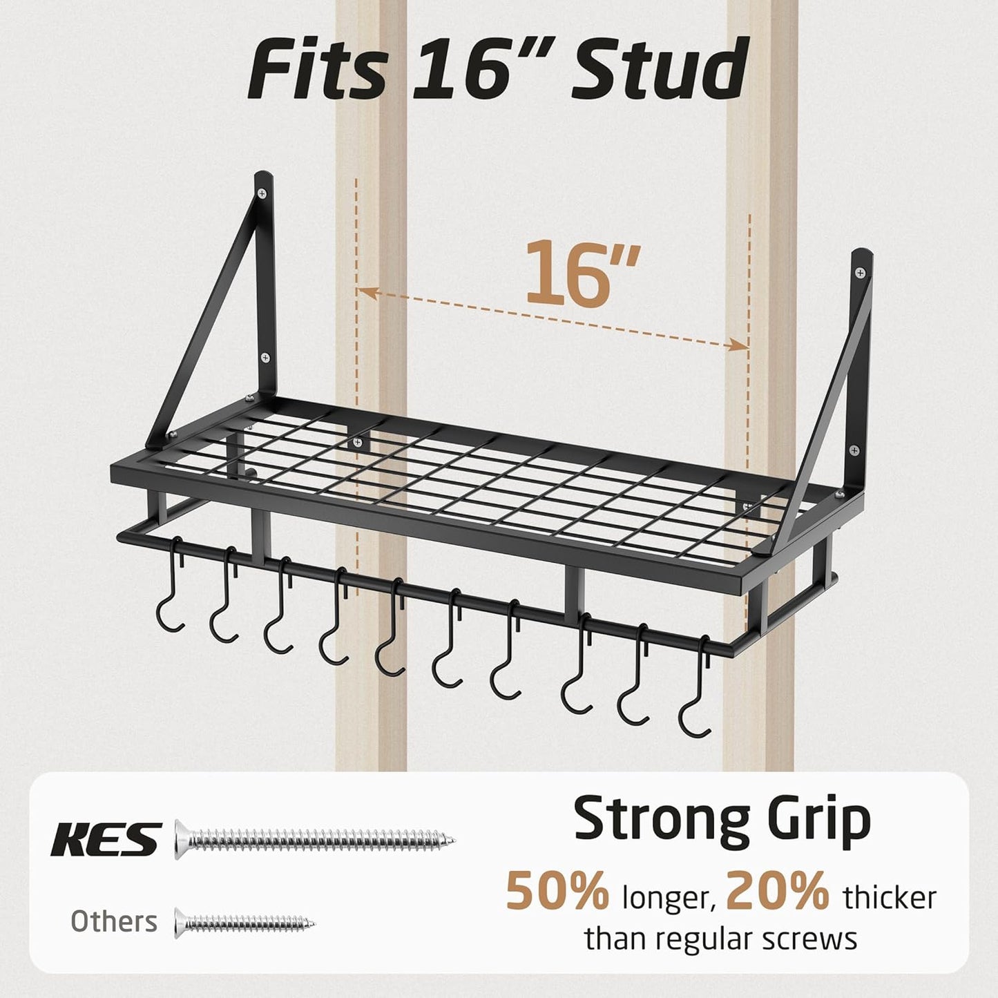 24 Inch Kitchen Pot Pan Rack Wall Mounted Hanging Storage Organizer Wall Shelf with Hooks Matte Black, KUR215S60-BK