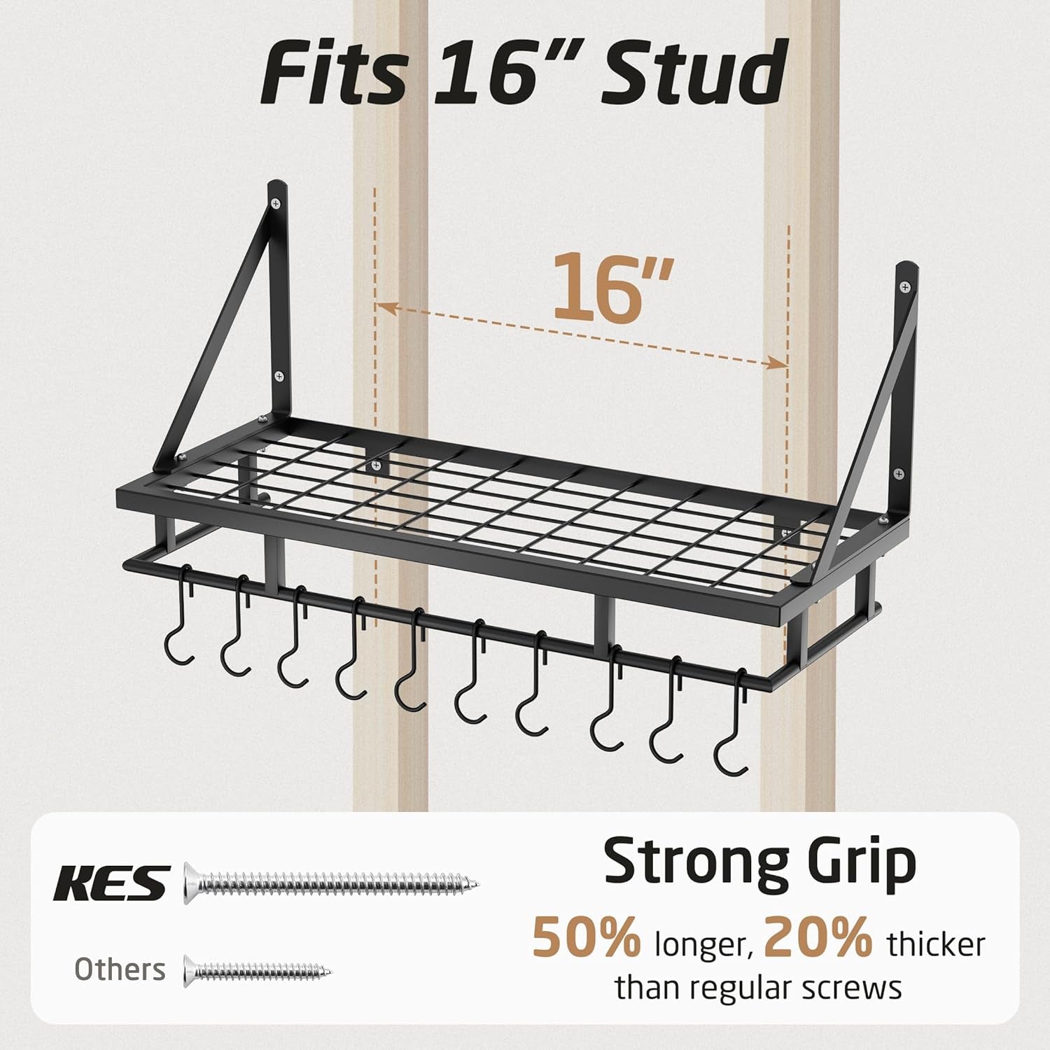 24 Inch Kitchen Pot Pan Rack Wall Mounted Hanging Storage Organizer Wall Shelf with Hooks Matte Black, KUR215S60-BK