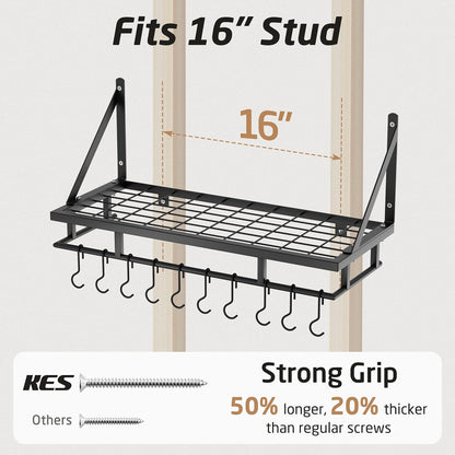 24 Inch Kitchen Pot Pan Rack Wall Mounted Hanging Storage Organizer Wall Shelf with Hooks Matte Black, KUR215S60-BK