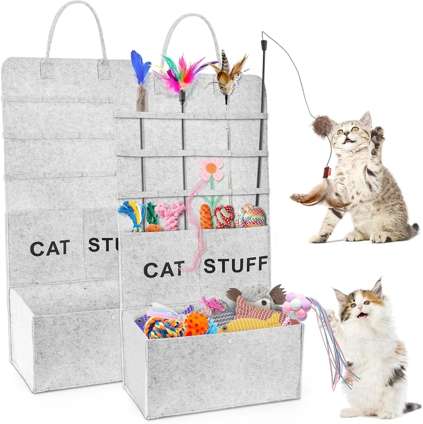 2 Pack Cat Wand Toy Storage Bag, Hanging Cat Teaser Holder for Neatly Organization, Durable Feather Pet Toy Organizer Bag with Handle for Indoor Pet Supplies, Feline Safety