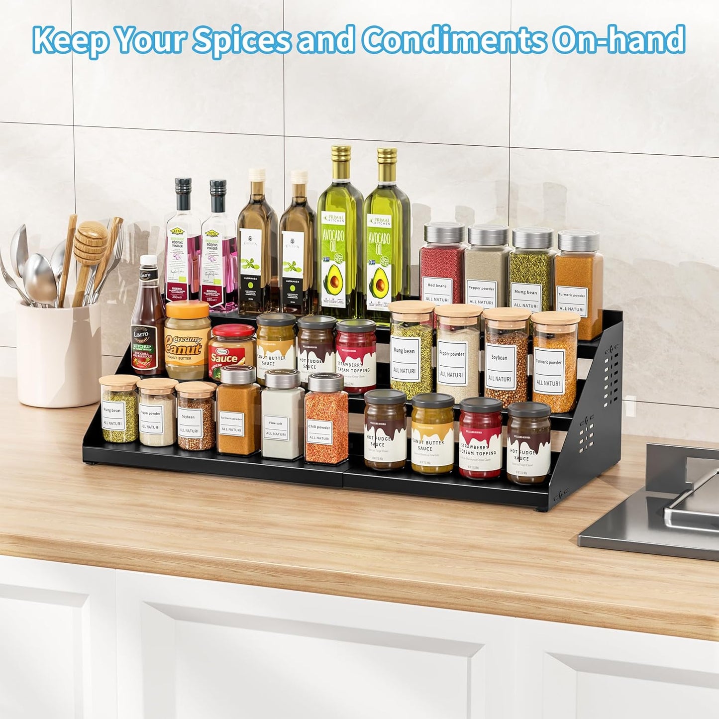 Spice Organizer, Spice Rack for Expandable 3-Tier, Spice Organization for Cabinet Expandable Width and Adjustable Height, Seasoning Organizer for Cabinet, Countertop, Pantry, Black