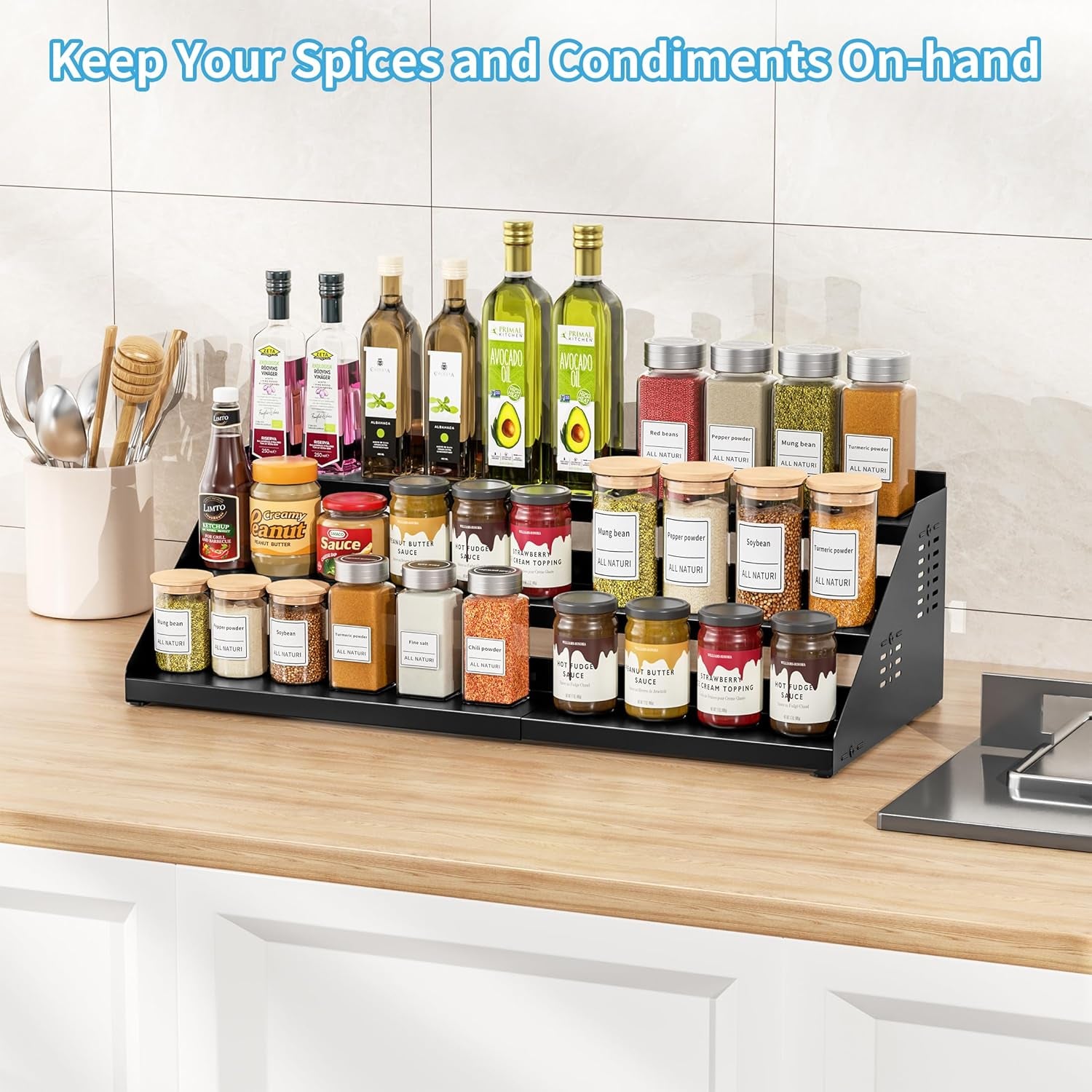 Spice Organizer, Spice Rack for Expandable 3-Tier, Spice Organization for Cabinet Expandable Width and Adjustable Height, Seasoning Organizer for Cabinet, Countertop, Pantry, Black