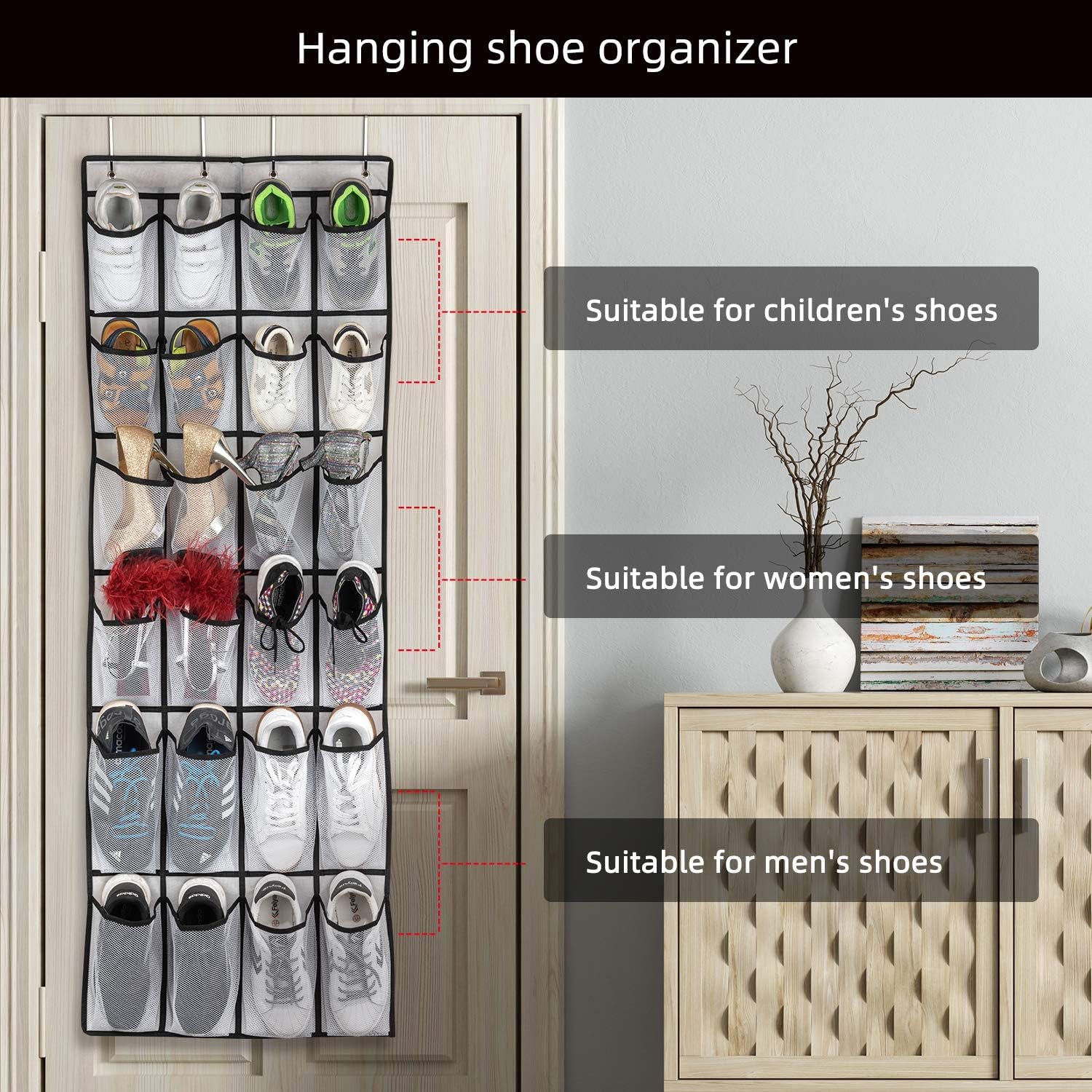 over the Door Shoe Organizer, Hanging Shoe Organizer with 24 Mesh Large Pockets Door Shoe Rack Organizer for Men Women Kids Hanging Shoe Storage Bag.(White