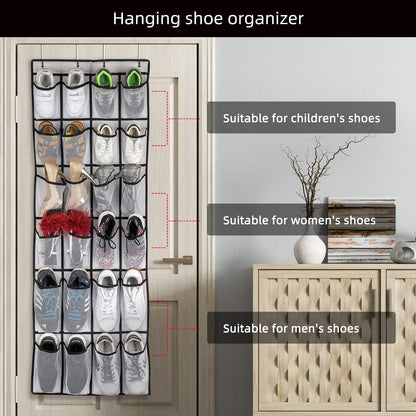over the Door Shoe Organizer, Hanging Shoe Organizer with 24 Mesh Large Pockets Door Shoe Rack Organizer for Men Women Kids Hanging Shoe Storage Bag.(White